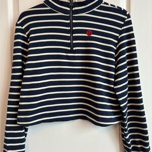 Lululemon Navy and Off-White Striped Cotton French Terry Cropped Half-Zip